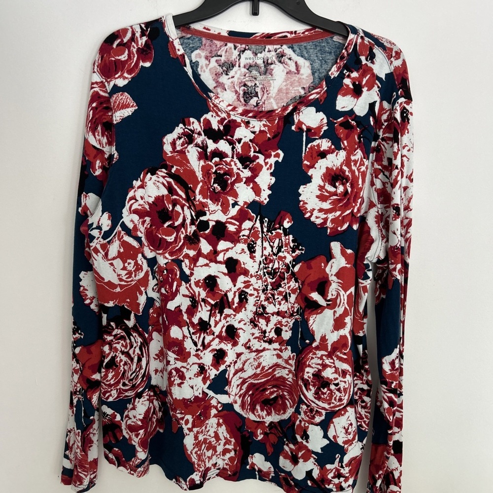 Westbound Women Floral Pattern Top Red Navy White Long Sleeve Lightweight XL